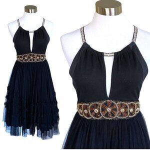 Free People Boho Black Beaded Tulle Dress Womens Sz 4 Open Back Pointelle Bodice